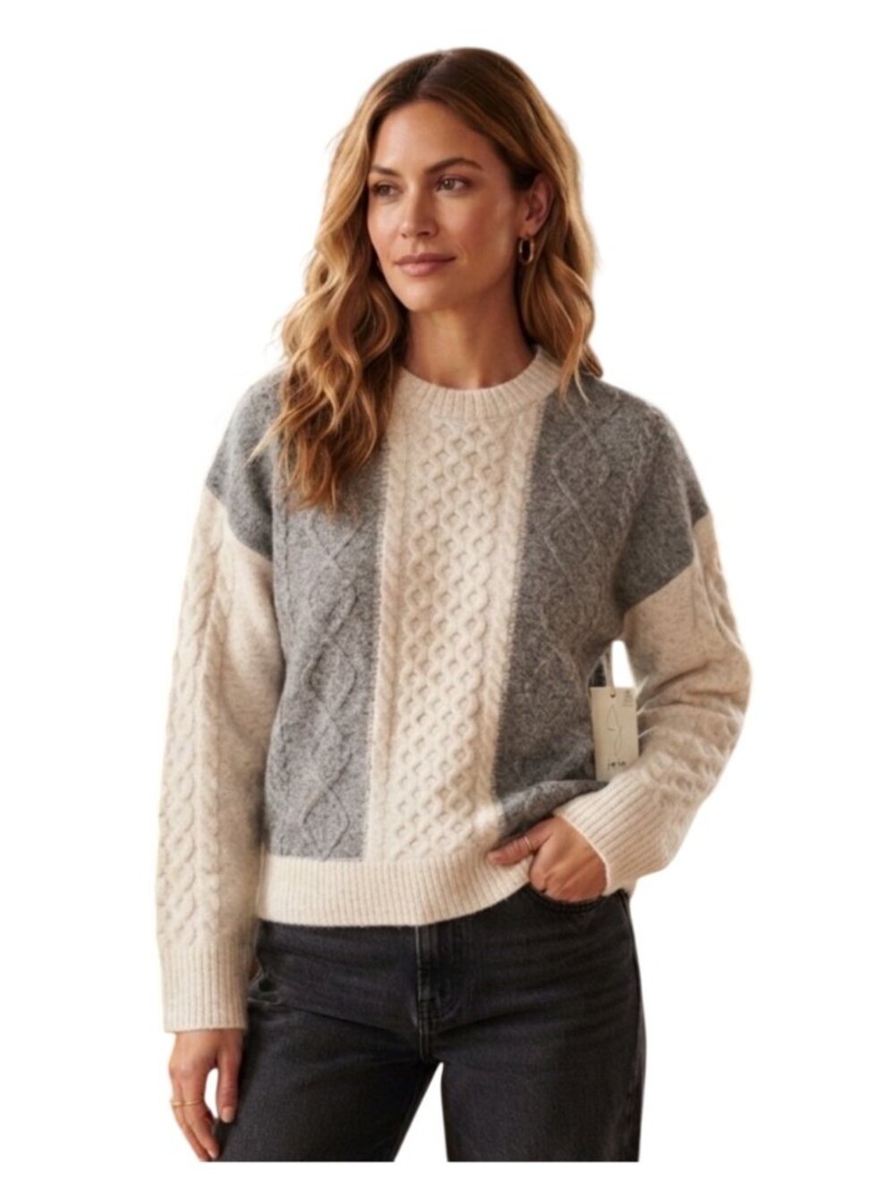 Joie Color block Cable Knit Sweater Beige & Gray Crewneck soft open cuff boxy XL